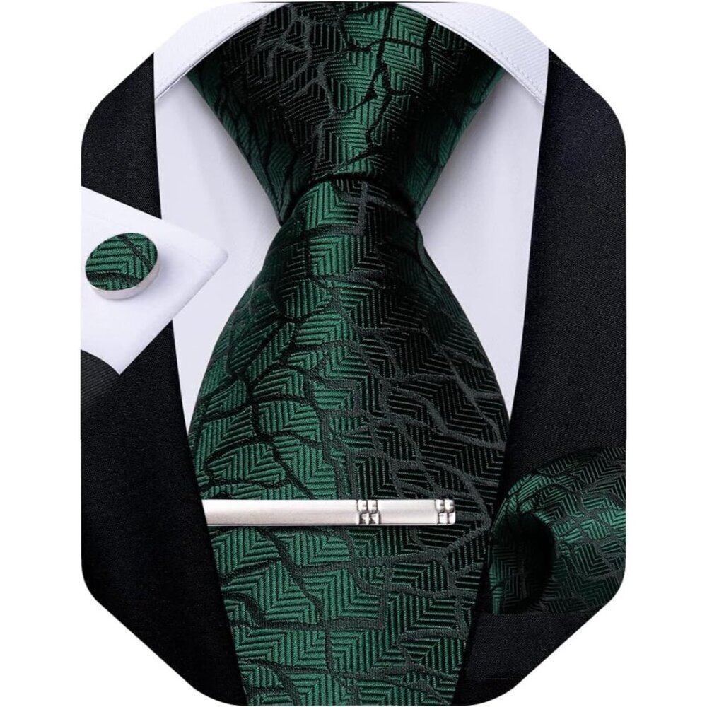 🆕Men Green Plaid Silk Checkered Necktie Pocket Square Cufflinks Tie Clip Set